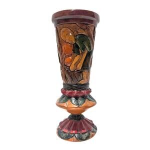 Vtg Hand-Carved Colorful Wooden Vase Floral Leaves Bird Woman 8" Décor